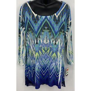 Style & Company Top Large Blue Geo Tunic Scoop Neck 3/4 Sleeve Stud Lace New B37